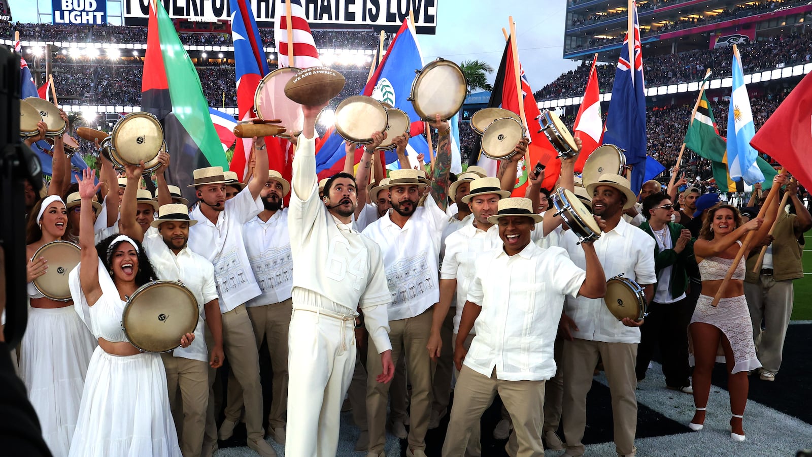 Bad Bunny performs onstage during the Apple Music Super Bowl LX Halftime Show at Levi's Stadium on February 08, 2026 in Santa Clara, California.