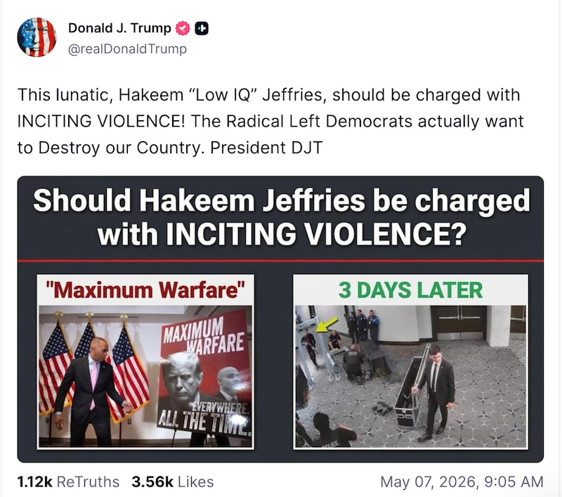 Donald Trump's post demanding that Minority Leader Hakeem Jeffries be charged.