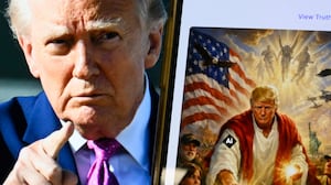 TOPSHOT - This photo illustration created on April 13, 2026 shows a picture of US President Donald Trump on a screen and an AI-generated picture he posted on his Truth Social platform depicting himself as Jesus Christ after criticizing Pope Leo XIV. Trump later posted an AI-generated image seemingly depicting himself as Jesus Christ. In the image, the president appears dressed in red and white robes as he cures a man with his healing hand. The American flag is shown over his shoulder. Trump and the White House have previously shared AI-generated images, including one that showed the president dressed as the pope. (Photo by Mandel NGAN / AFP via Getty Images)