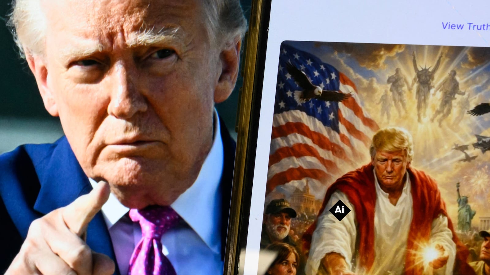 TOPSHOT - This photo illustration created on April 13, 2026 shows a picture of US President Donald Trump on a screen and an AI-generated picture he posted on his Truth Social platform depicting himself as Jesus Christ after criticizing Pope Leo XIV. Trump later posted an AI-generated image seemingly depicting himself as Jesus Christ. In the image, the president appears dressed in red and white robes as he cures a man with his healing hand. The American flag is shown over his shoulder. Trump and the White House have previously shared AI-generated images, including one that showed the president dressed as the pope. (Photo by Mandel NGAN / AFP via Getty Images)