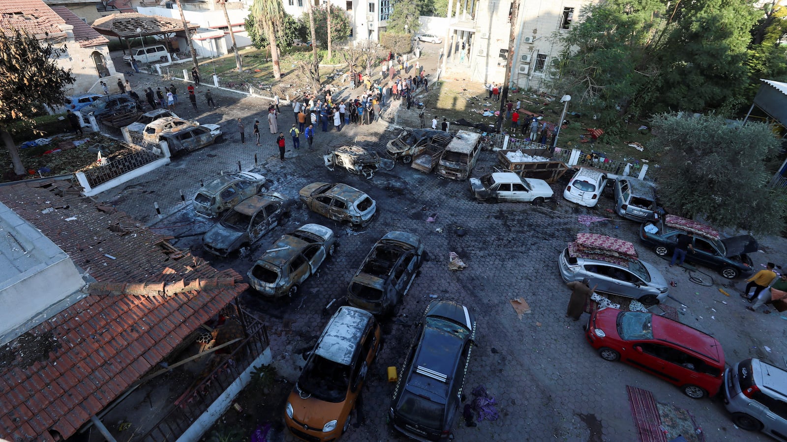 A view shows an area of Al-Ahli hospital where hundreds of Palestinians were killed in a blast that Israeli and Palestinian officials blamed on each other, in Gaza City, October 18, 2023.
