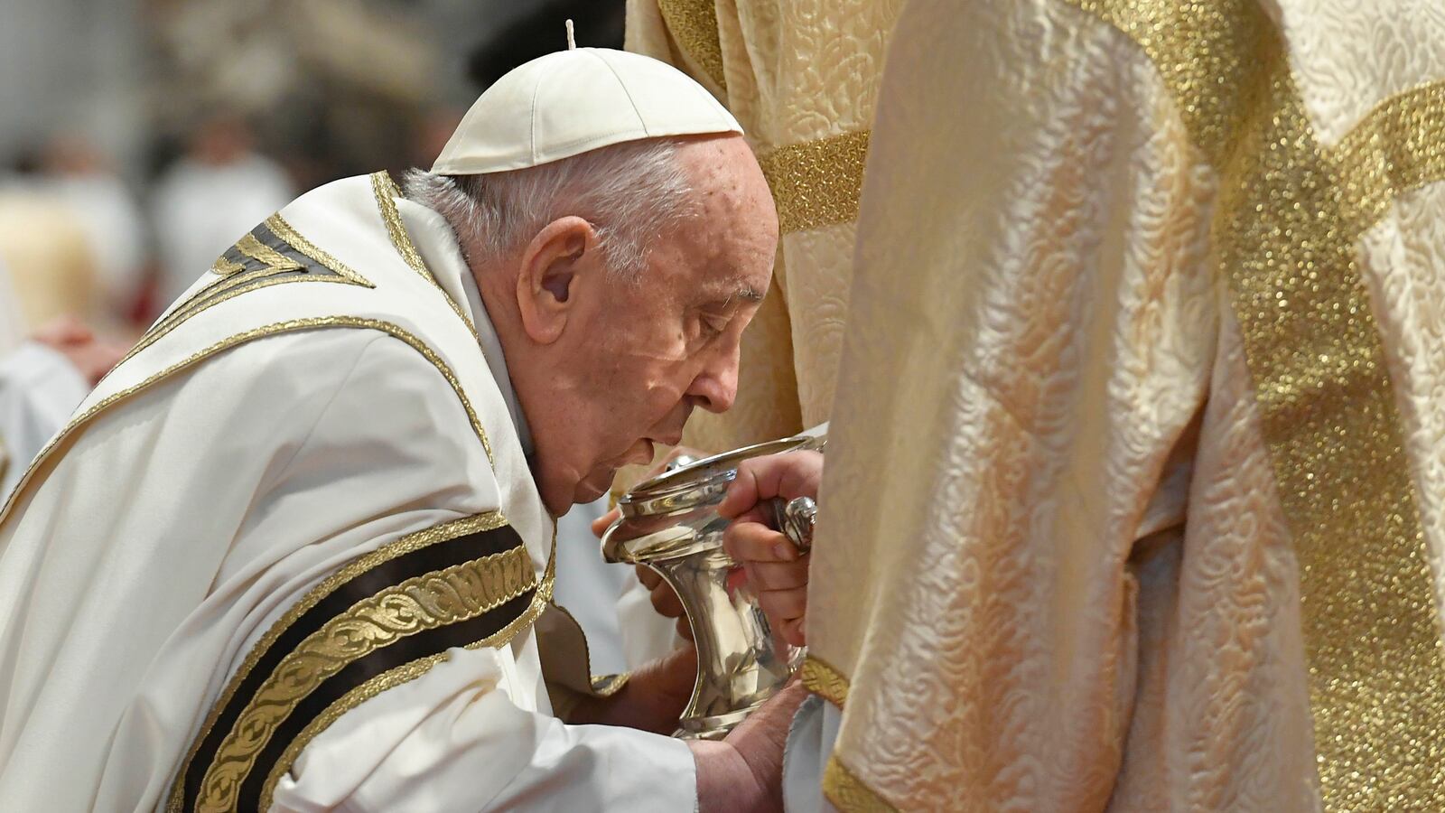 Pope Francis blesses the Holy Chrism during the Chrism Mass at St. Peter's Basilica on March 28, 2024 in Vatican City, Vatican.
