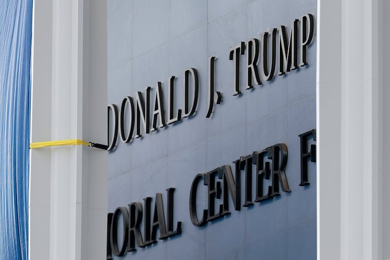 The non-matching lettering "Donald J. Trump" was added to the exterior of the John F. Kennedy Memorial Center for the Performing Arts.