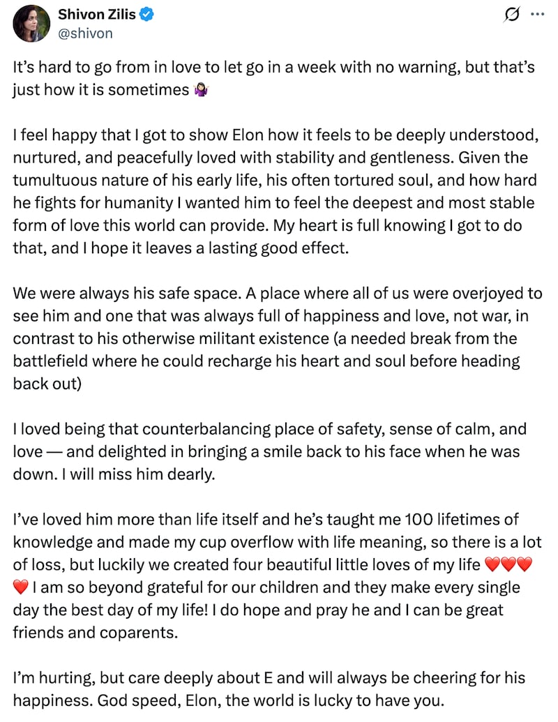 Shivon Zilis posted a nearly-300 word post about her and Elon Musk breaking up.