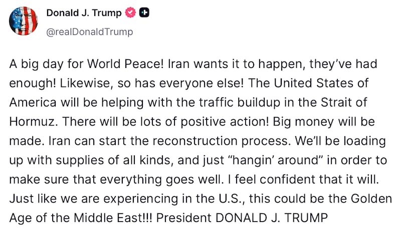 Donald Trump posts about the ceasefire on Truth Social.