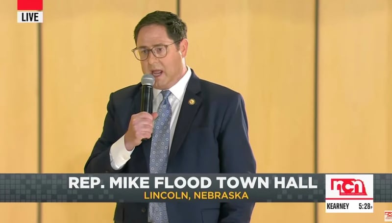 Republican Mike Flood addresses a Town Hall meeting in Nebraska.