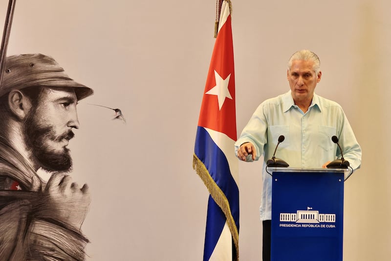 Cuba's President Miguel Diaz-Canel addresses members of the government in Havana, Cuba, March 13, 2026.