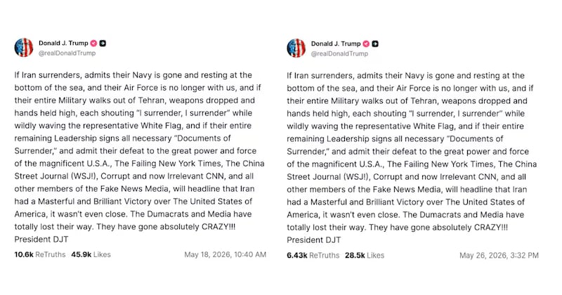 Trump has posted the exact same message twice already.