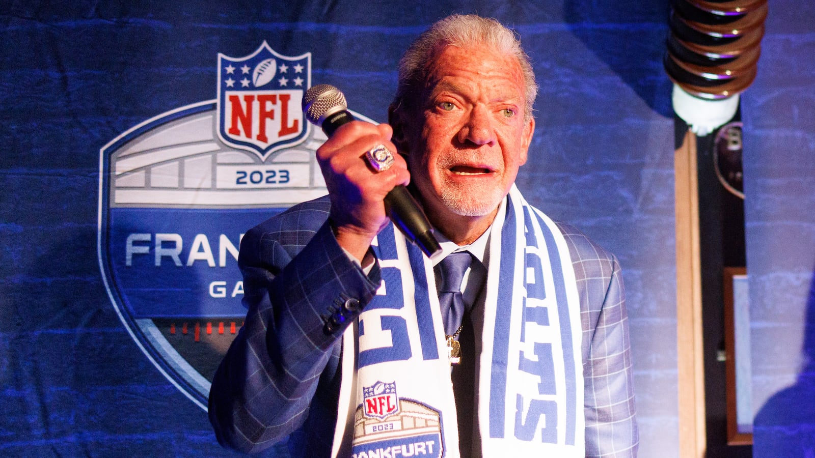 Indianapolis Colts owner Jim Irsay speaks during a fan event at Chicago Meatpackers