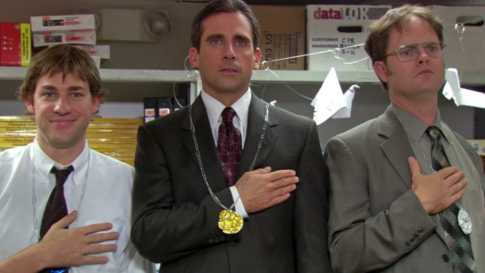 John Krasinski, Steve Carell, and Rainn Wilson in The Office.