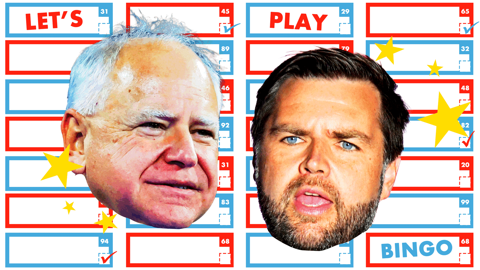 JD Vance and Tim Walz on a vice presidential debate bingo card
