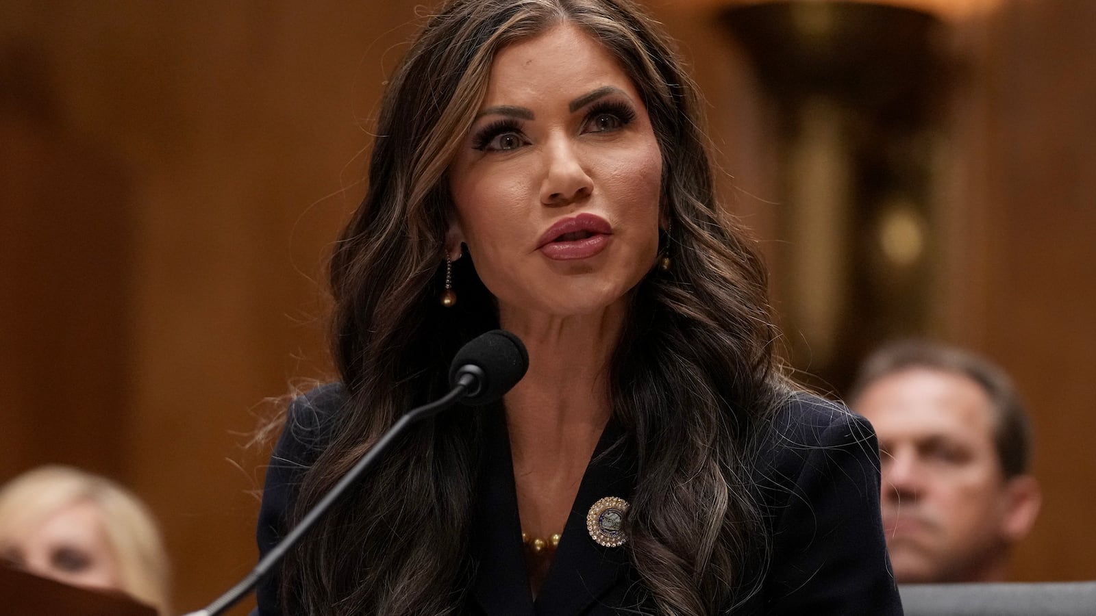 South Dakota Gov. Kristi Noem, President-elect Donald Trump’s nominee for Secretary of the Department of Homeland Security, speaks during her confirmation hearing before the Homeland Security and Governmental Affairs Committee on Capitol Hill on January 17, 2025 in Washington, DC.
