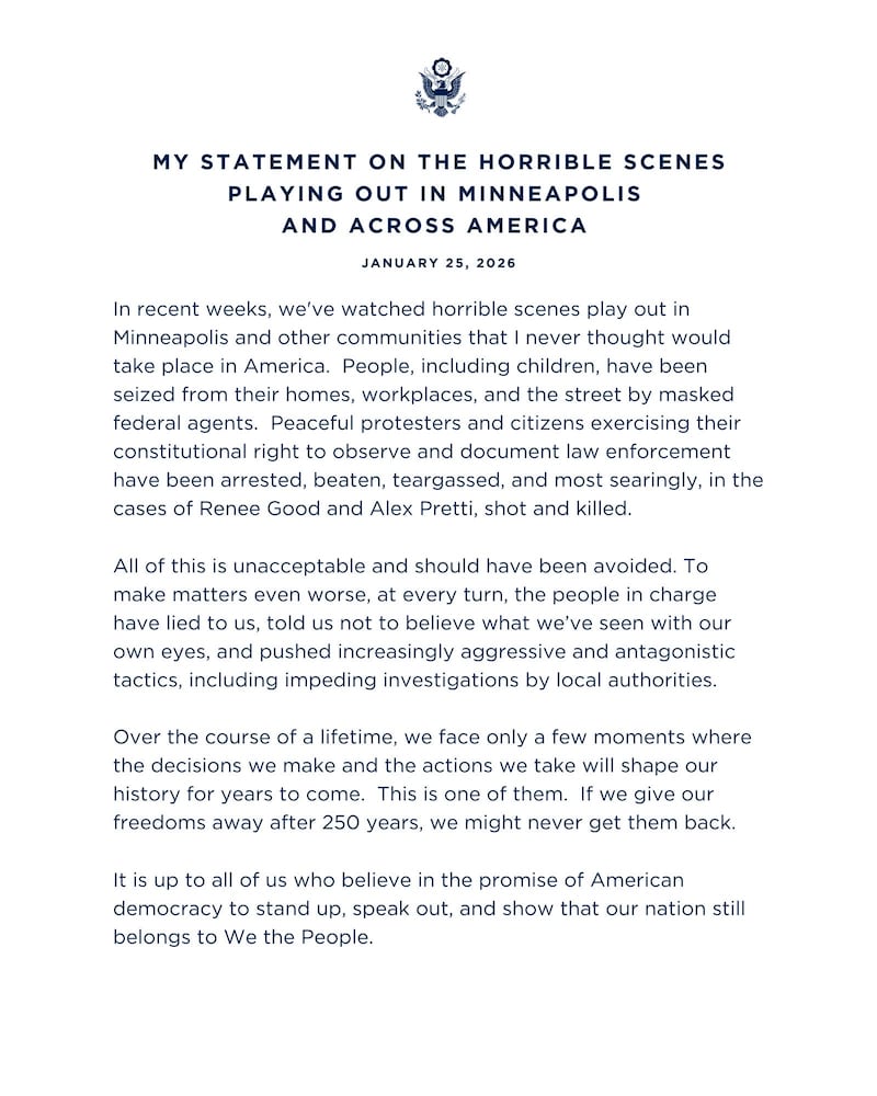 Bill Clinton's statement on the federal immigration raids and two Minneapolis shootings.