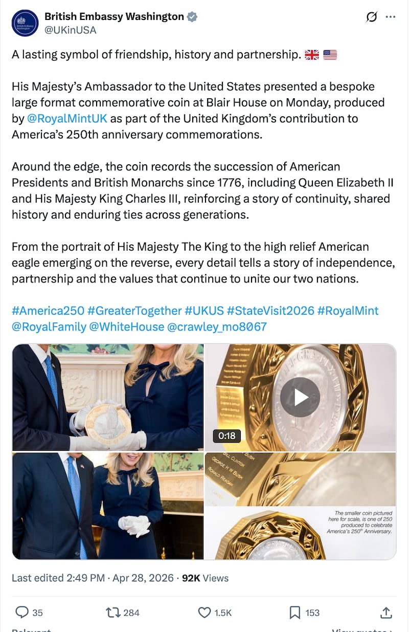 The UK's gold-plated commemorative coin was presented on Monday.