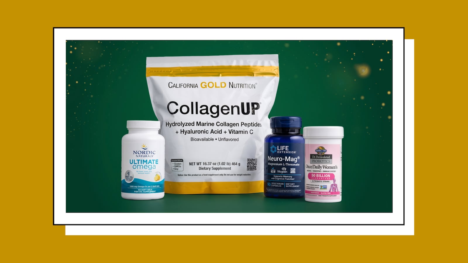 Four supplement products on a green and gold background: Nordic Naturals Ultimate Omega, California Gold Nutrition CollagenUP, Life Extension Neuro-Mag, and Garden of Life Once Daily Women's probiotics.