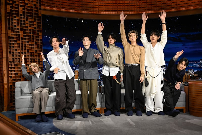 Jimin, j-hope, Suga, Jin, RM, V, and Jung Kook during an interview on Wednesday, March 25, 2026 with Jimmy Fallon.