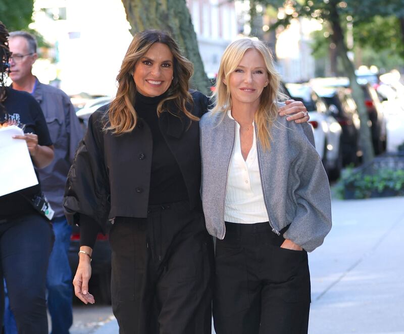 Mariska Hargitay and Kelli Giddish are seen on the set of "Law and Order: SVU" set in Manhattan on October 03, 2025