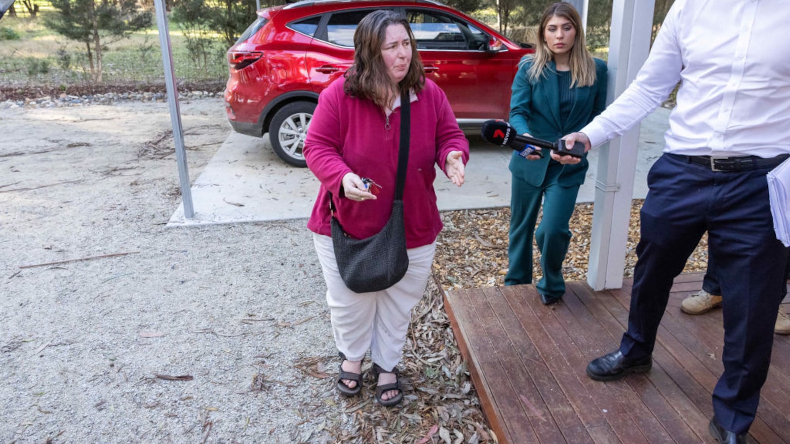 Erin Patterson arrives at her home in Leongatha, Victoria.