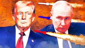 A photo illustration of Donald Trump, Putin, missiles being fired, and a global map centered on Iran.