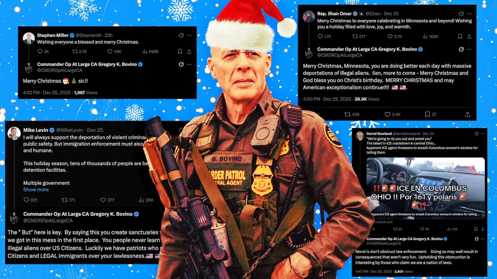 A photo illustration of Greg Bovino surrounded by his Christmas day X Tweets.