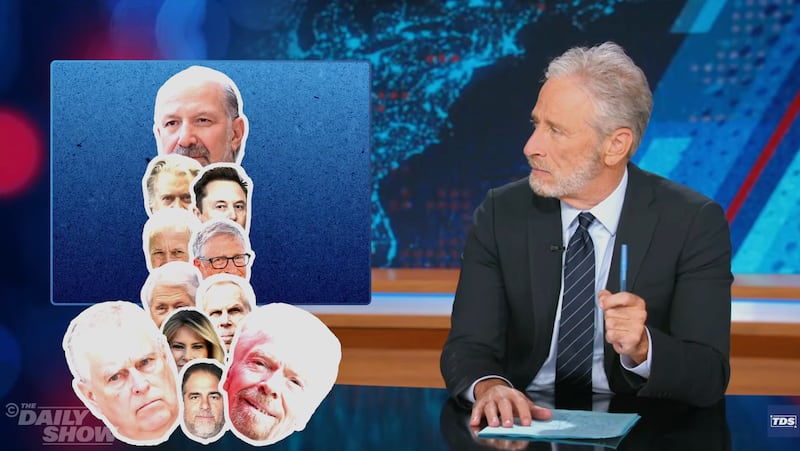 The Daily Show, Jon Stewart pointing to headshots of famous Epstein clients.