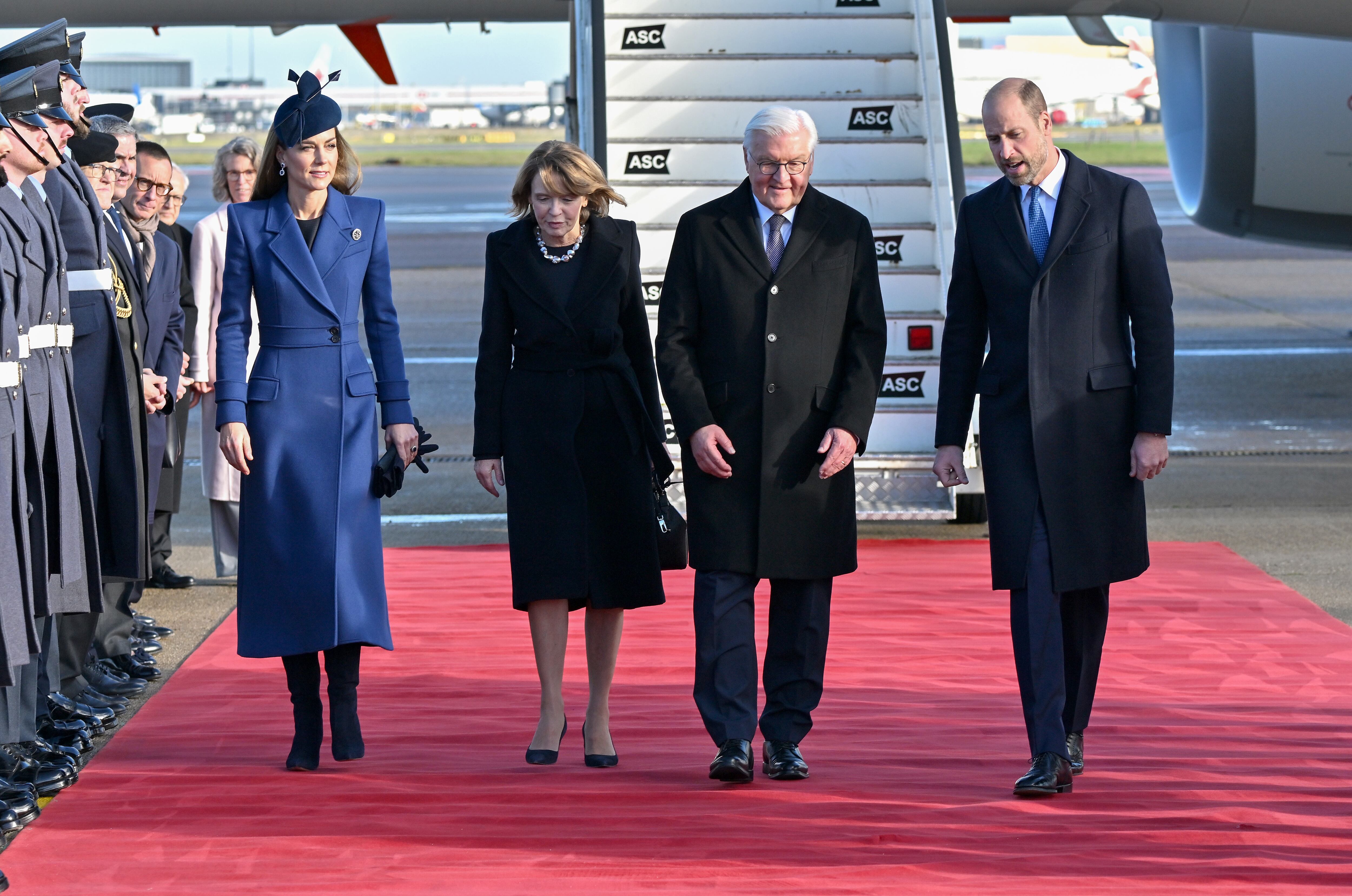 Catherine, Princess of Wales, and Prince William escort German President Frank-Walter Steinmeier and his wife, Elke Büdenbender, at Heathrow Airport on December 3.