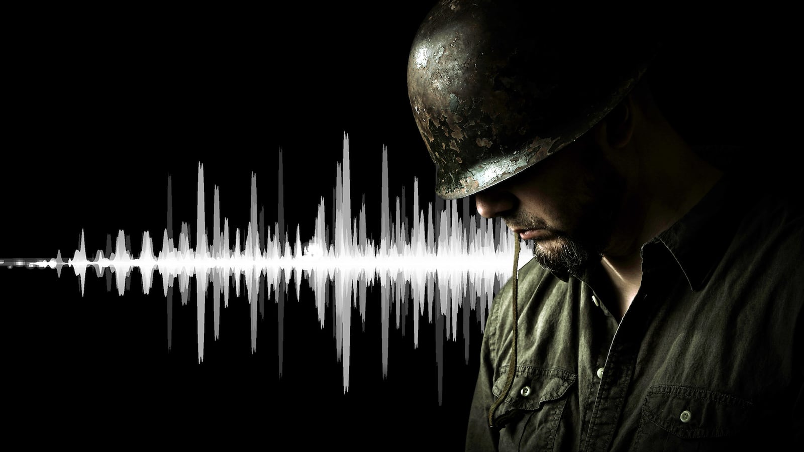 illustration of military soldier in combat camouflage uniform looking down with heart beat doppler pattern in background ptsd post traumatic disorder veteran iraq afghanistan artificial intelligence ai nyu langone