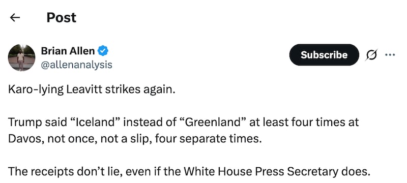 Critics pounced on Leavitt's spin on Trump's Davos speech.