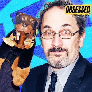 A photo illo illustration of Robert Smigel and Triumph the Insult Comic Dog for the Obsessed podcast.
