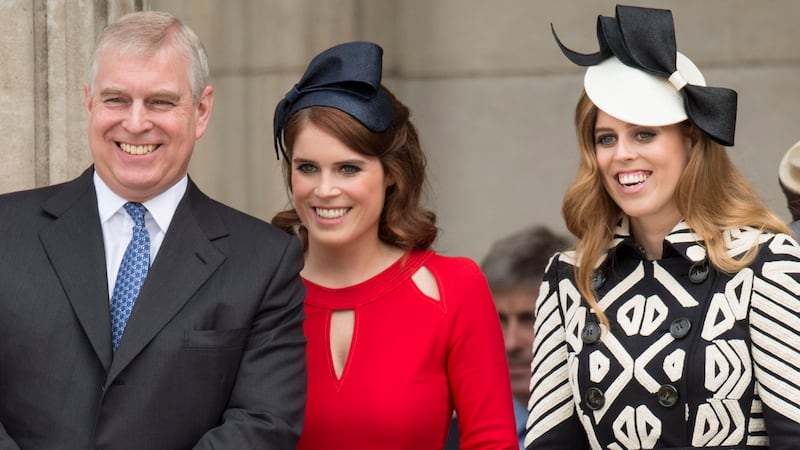 LONDON, ENGLAND - JUNE 10:  Prince Andrew, Duke of York with Princess Beatrice and Princess Eugenie attend a National Service of Thanksgiving as part of the 90th birthday celebrations for The Queen at St Paul's Cathedral on June 10, 2016 in London, England.  (Photo by Mark Cuthbert/UK Press via Getty Images)