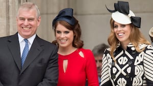 LONDON, ENGLAND - JUNE 10: Prince Andrew, Duke of York with Princess Beatrice and Princess Eugenie attend a National Service of Thanksgiving as part of the 90th birthday celebrations for The Queen at St Paul's Cathedral on June 10, 2016 in London, England. (Photo by Mark Cuthbert/UK Press via Getty Images)