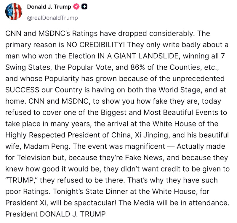 Donald Trump attacks CNN and MS NOW on Truth Social.