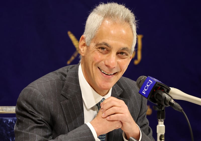 Rahm Emanuel smiles during a speech in Japan, where he was serving as ambassador, in 2022.