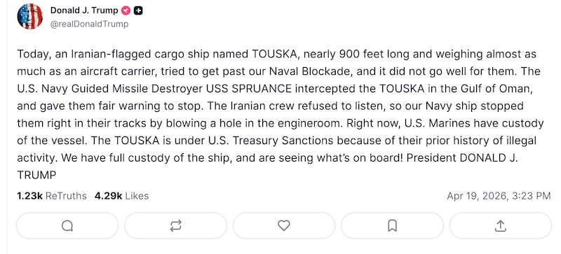 Trump announces US has seized Iranian Cargo Ship on Truth Social