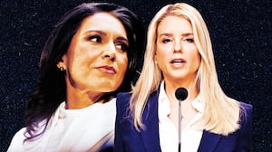 A photo illustration of Tulsi Gabbard and Pam Bondi.