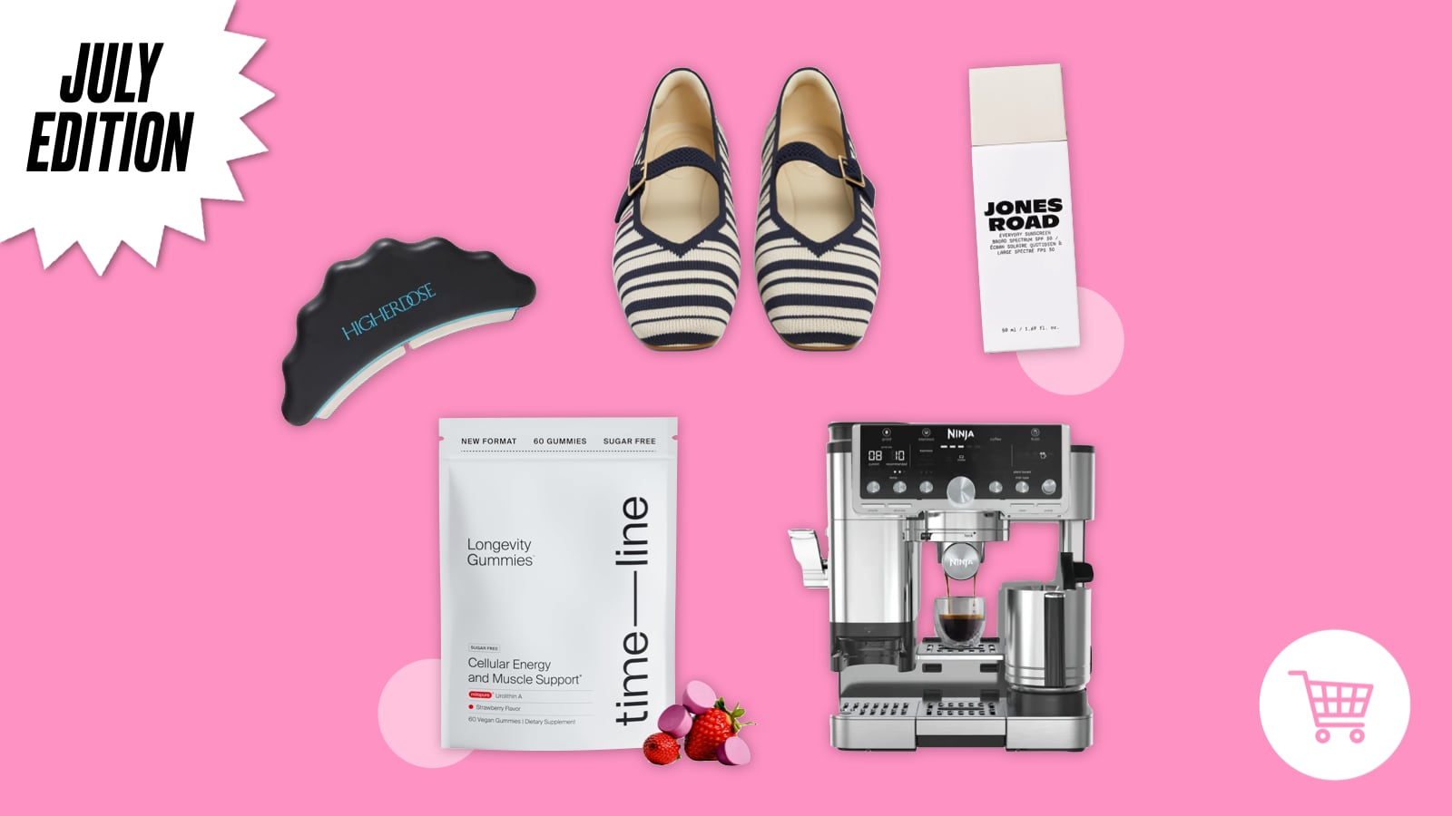 An assortment of products on a pink background. There are a pair of shoes, a white bag of gummies, a coffee maker, sunscreen, and a comb-looking device.