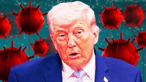 A photo illo illustration of Donald Trump in and red sea mines in the ocean.