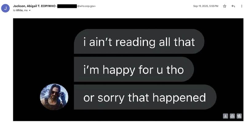 Email correspondence between The Daily Beast reporters and the White House administration. Abigail Jackson meme.