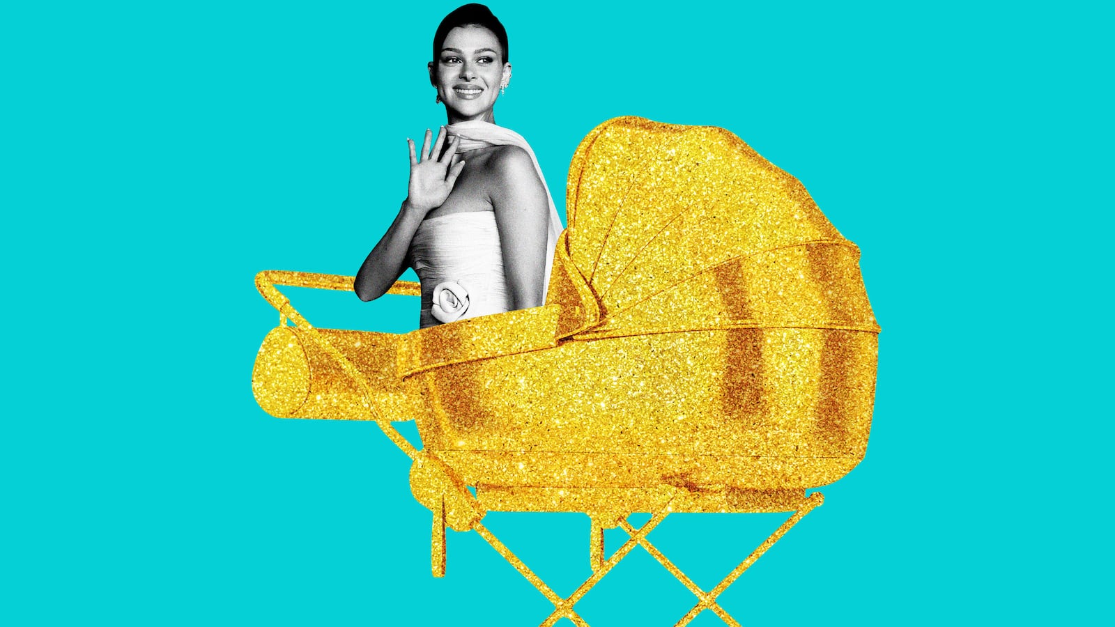 An illustration including a photo of Nicola Peltz Beckham and a golden stroller