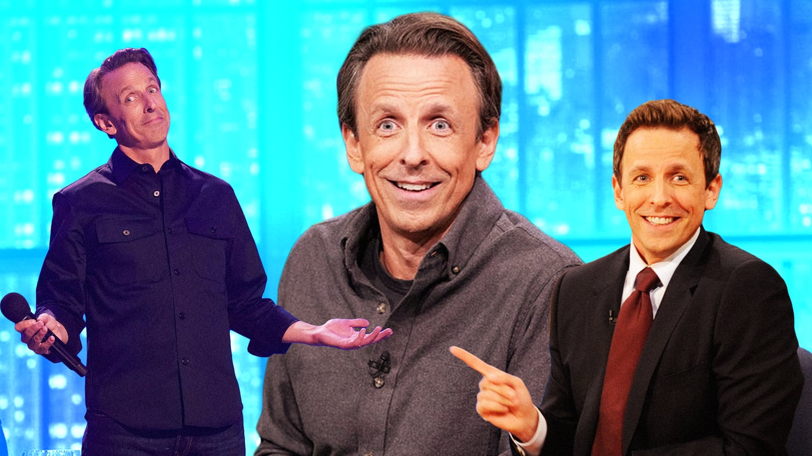 A photo illustration of Seth Meyers stand-up and on SNL.