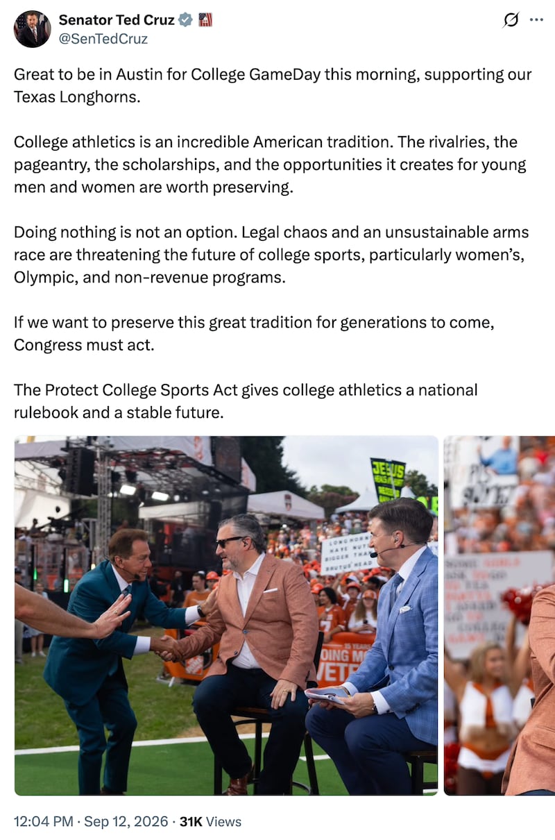 Sen. Ted Cruz made no mention of the jeers in a post after his appearance on ESPN’s College GameDay.