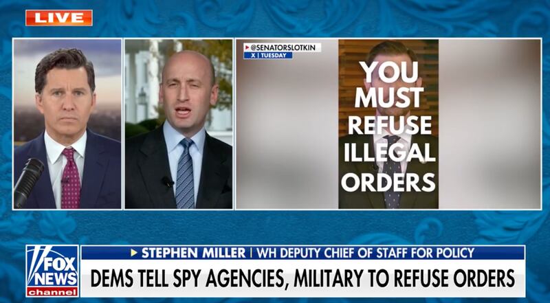 Stephen Miller rants on Fox about Dems calling for the military to "refuse illegal orders."