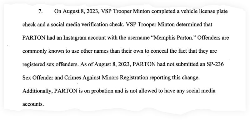 A snippet from the affidavit containing details of the allegations against Corey Richard Parton, specifically noting that he allegedly had a secret Instagram account, which is banned under the terms of his probation. 