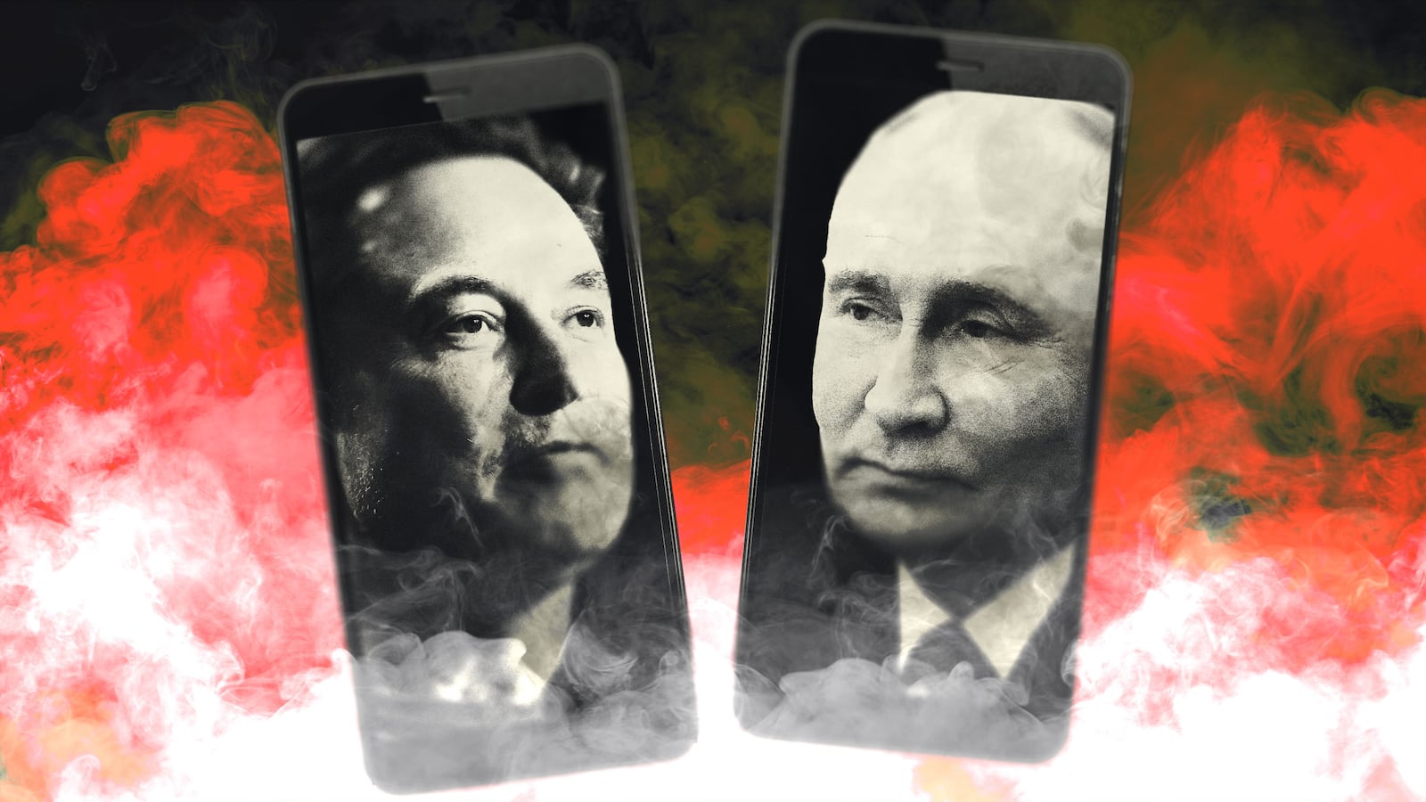 Vladimir Putin and Elon Musk in cell phones on a smokey red and black background