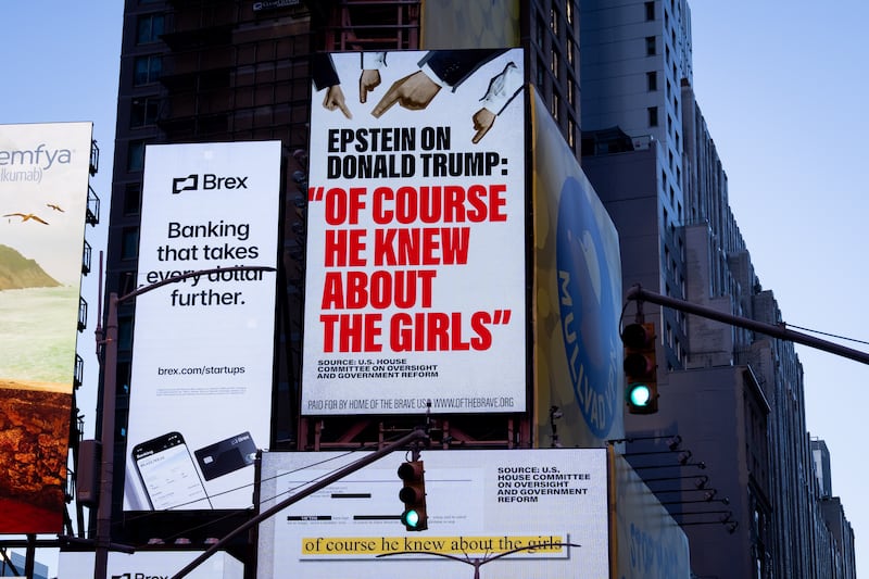 A billboard in Times Square, by the group Home of the Brave, highlights Jeffrey Epstein's comment about Donald Trump that