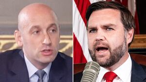 Stephen Miller and JD Vance hosting The Charlie Kirk Show in the Eisenhower Executive Office Building on the White House campus in Washington, DC, on September 15, 2025.