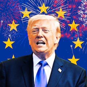 A photo illo illustration of Donald Trump, the EU flag, and fireworks.