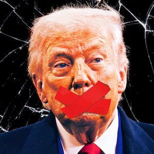 A photo illustration of Donald Trump in front of broken glass with red tape over his mouth.