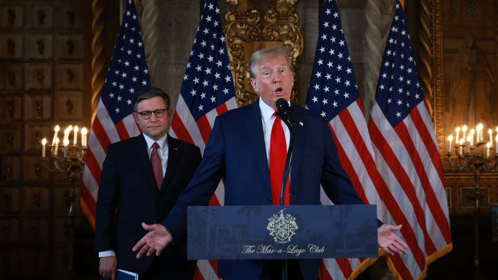 Republican presidential candidate former President Donald Trump and Speaker of the House Mike Johnson (R-LA) hold a press conference at Mr. Trump's Mar-a-Lago estate on April 12, 2024, in Palm Beach, Florida.