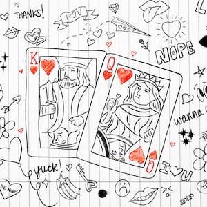 Photo illustration of a lined notebook with high school doodles about love drawn and a king and queen of hearts